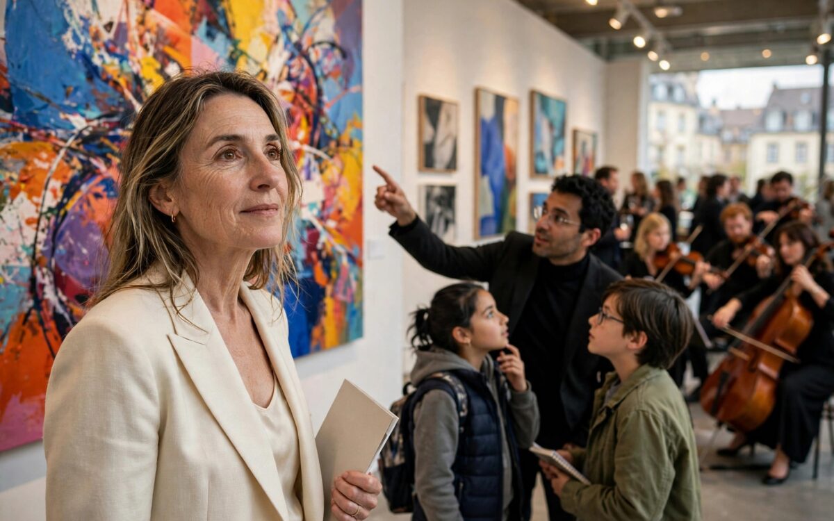 Besucher, Schulkinder und Musikerinnen bei der Ausstellung ArtCity in der Galerie Simoncini in Luxemburg-Stadt, mit Werken des Atelier Art der Fondation Elysis - Foto: Cour grand-ducale