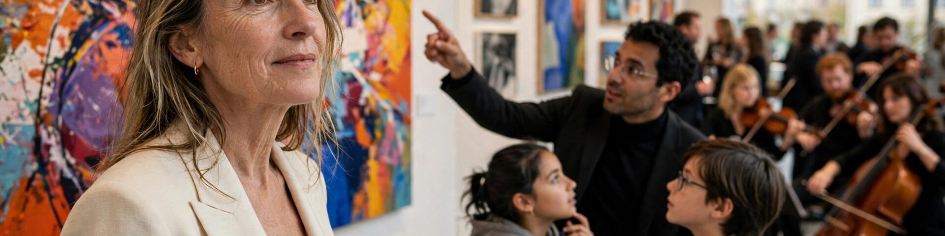 Besucher, Schulkinder und Musikerinnen bei der Ausstellung ArtCity in der Galerie Simoncini in Luxemburg-Stadt, mit Werken des Atelier Art der Fondation Elysis - Foto: Cour grand-ducale