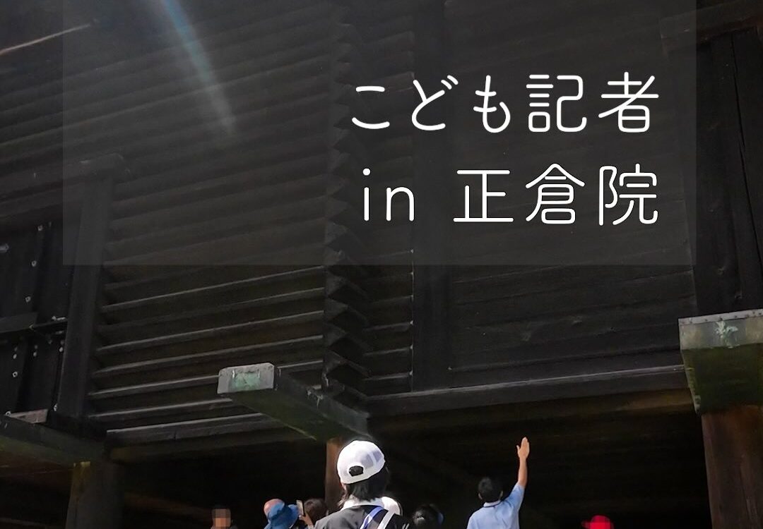 A young schoolgirl reporter in a white cap, black top and blue plaid skirt stands before the great dark timber Shosoin storehouse in Nara, with other children, parents and a guide touring beneath the raised storehouse - Photo: @kunaicho_jp