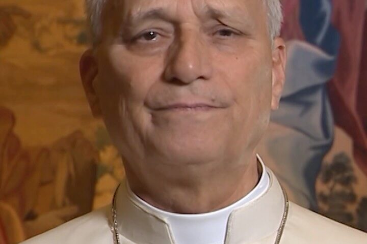 Papst Leo XIV. spricht direkt in die Kamera, im Hintergrund ein klassisches religiöses Gemälde.