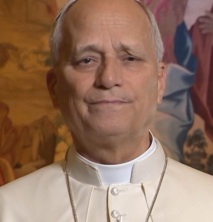 Papst Leo XIV. spricht direkt in die Kamera, im Hintergrund ein klassisches religiöses Gemälde.