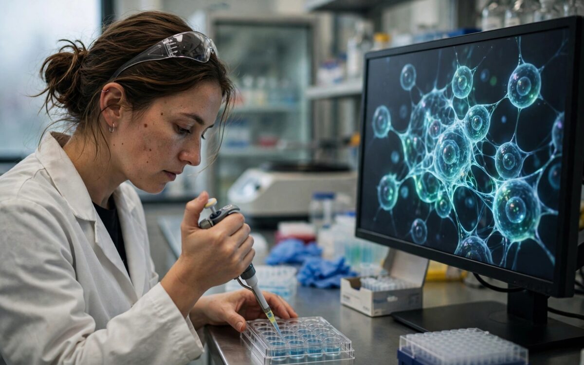 Wissenschaftlerin pipettiert Proben in einem modernen Biotech-Labor neben einem Monitor mit leuchtenden Zellbildern.