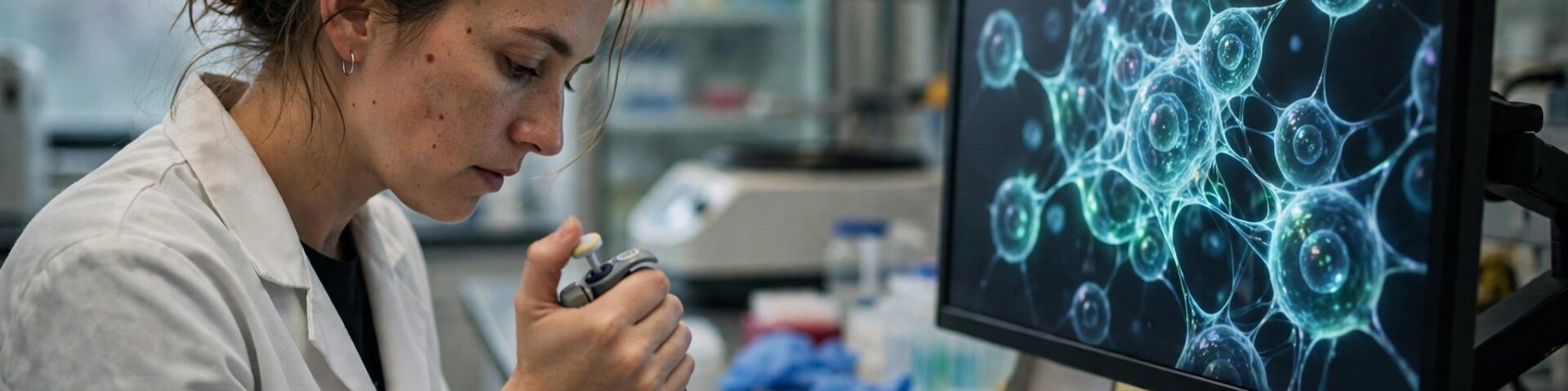 Wissenschaftlerin pipettiert Proben in einem modernen Biotech-Labor neben einem Monitor mit leuchtenden Zellbildern.
