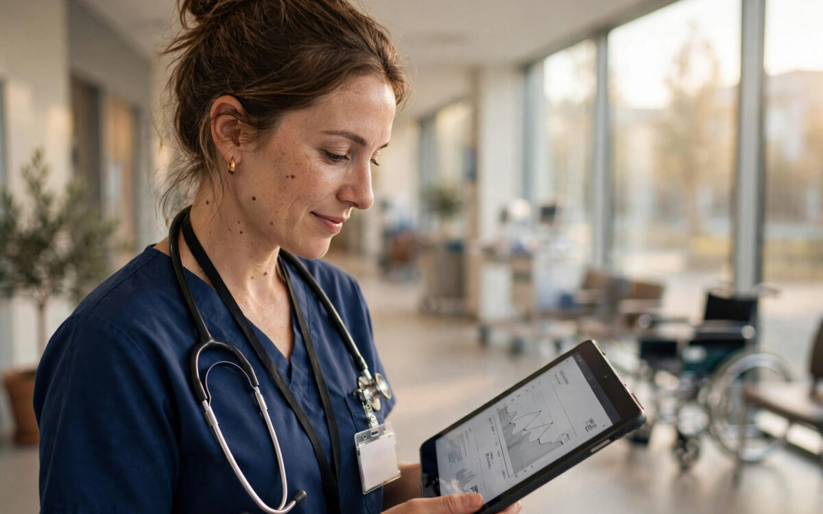 Eine Krankenschwester prüft auf einem Tablet eine Patientenakte in einem hellen modernen Krankenhausflur.