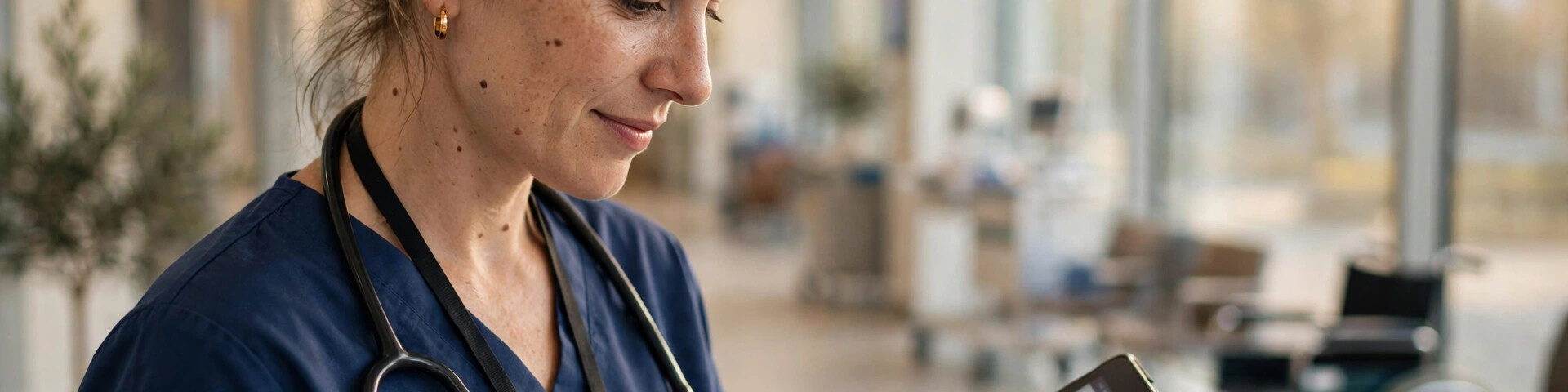 Eine Krankenschwester prüft auf einem Tablet eine Patientenakte in einem hellen modernen Krankenhausflur.