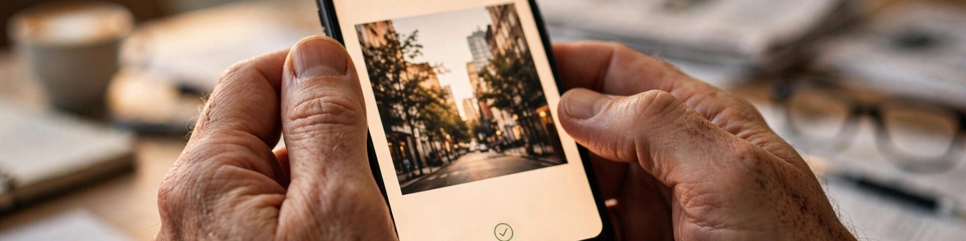 Hände halten ein Smartphone und prüfen ein Foto auf KI-Wasserzeichen – Newsroom-Schreibtisch im Hintergrund.