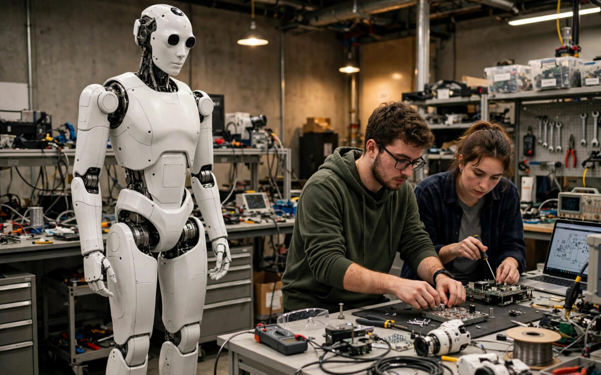 Ein weisser humanoider Roboter steht neben Ingenieuren an einer Werkbank in einem Robotik-Forschungslabor.