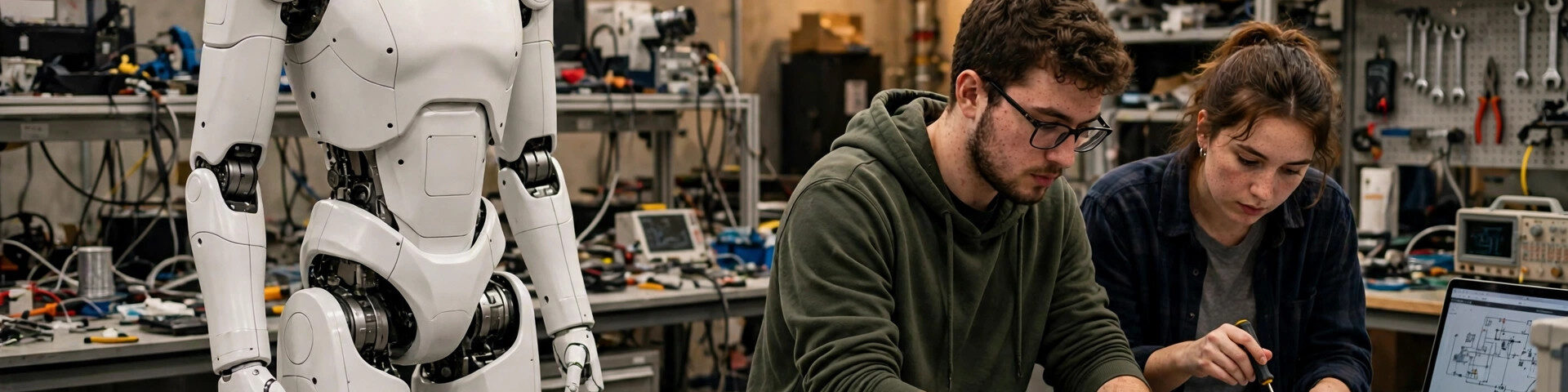 Ein weisser humanoider Roboter steht neben Ingenieuren an einer Werkbank in einem Robotik-Forschungslabor.