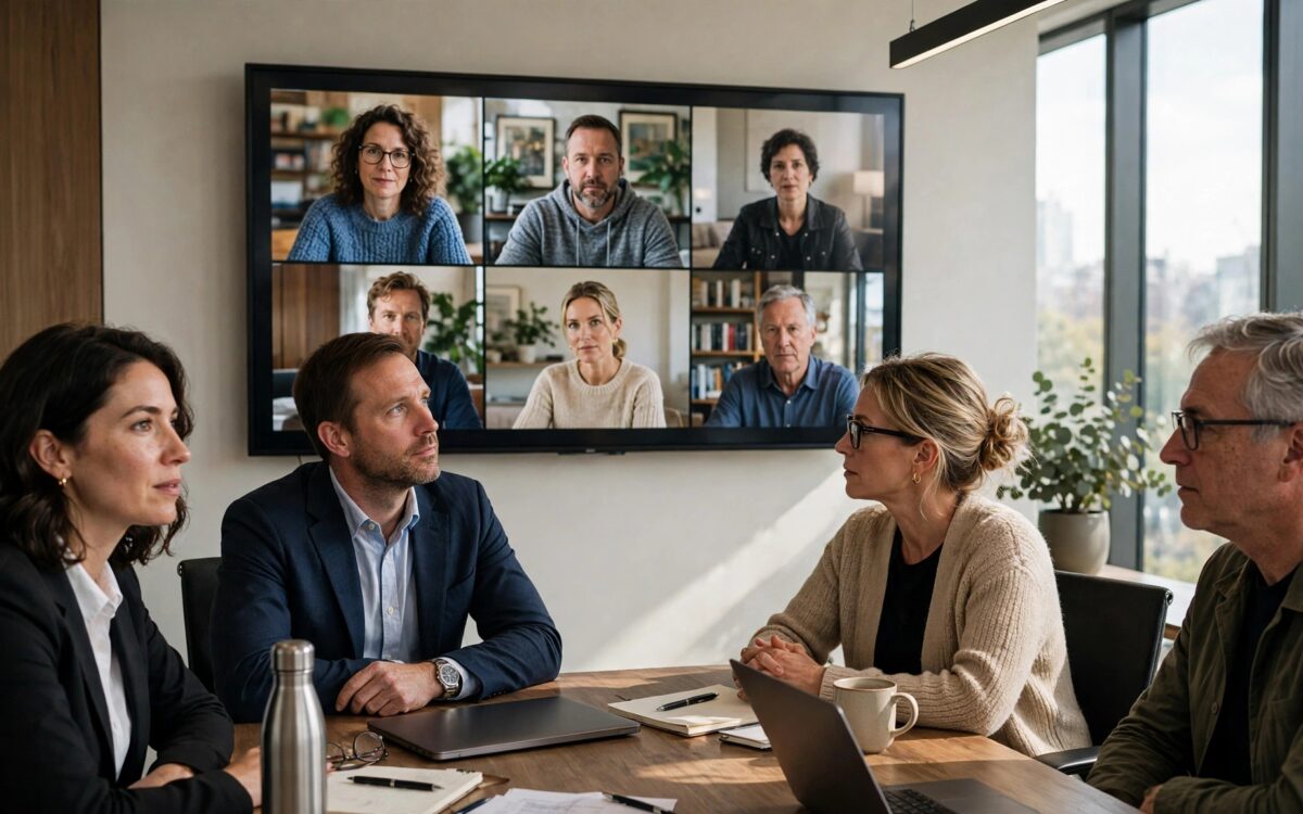 Führungskräfte um einen Konferenztisch in einem hybriden Meeting-Raum mit großer Videowand – Ciscos Claude-Agenten in Webex.