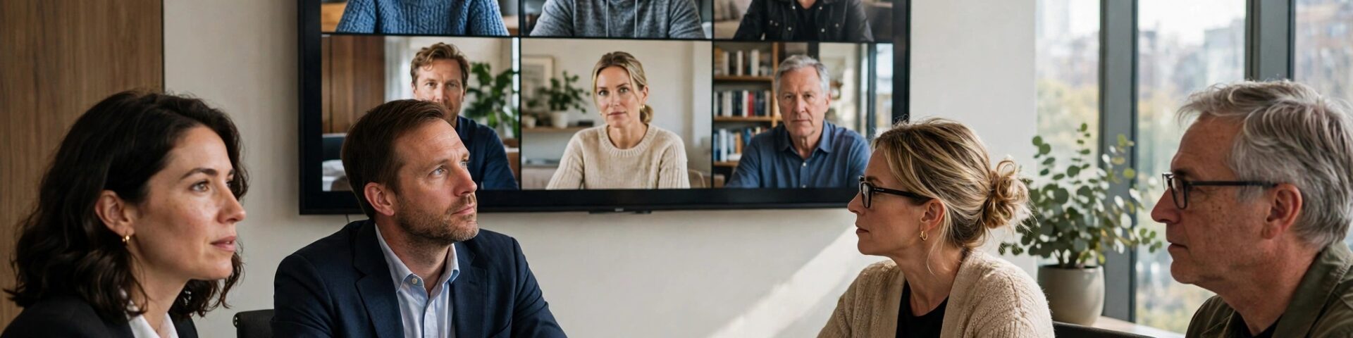 Führungskräfte um einen Konferenztisch in einem hybriden Meeting-Raum mit großer Videowand – Ciscos Claude-Agenten in Webex.
