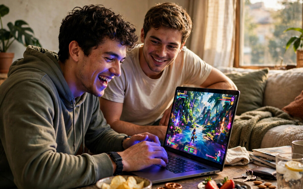 Zwei junge Männer lachen beim Spielen eines bunten Videospiels auf einem Laptop in einem gemütlichen Wohnzimmer.