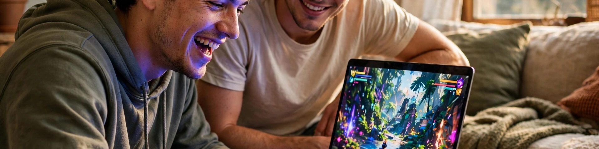Zwei junge Männer lachen beim Spielen eines bunten Videospiels auf einem Laptop in einem gemütlichen Wohnzimmer.