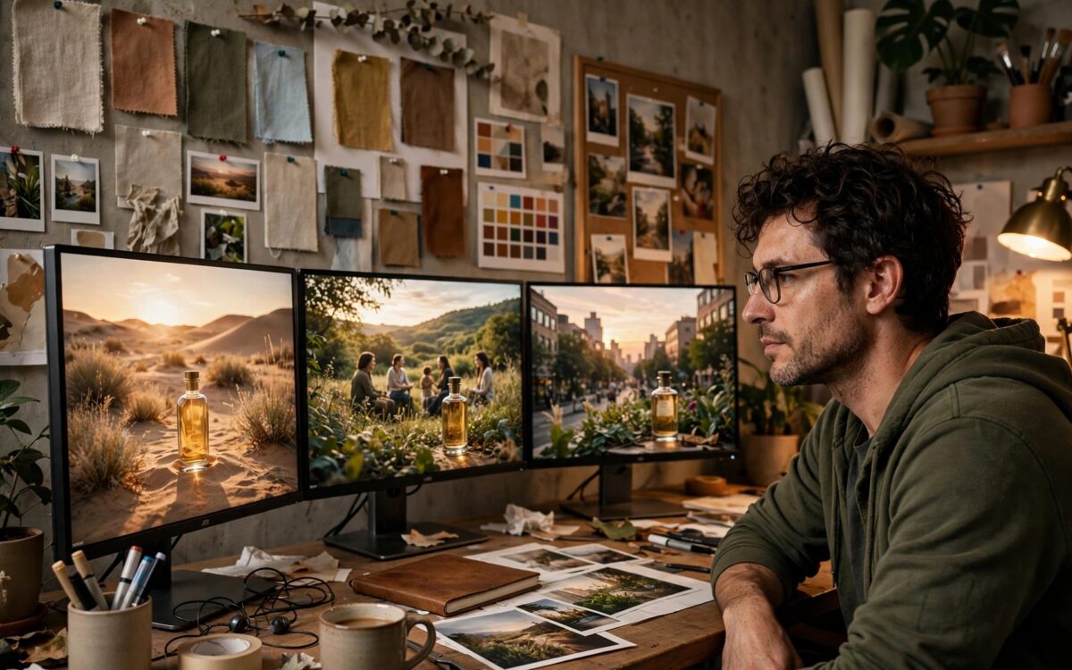 Designer prüft große KI-generierte Werbevisuals auf Monitoren in einem Kreativstudio mit warmem Licht.