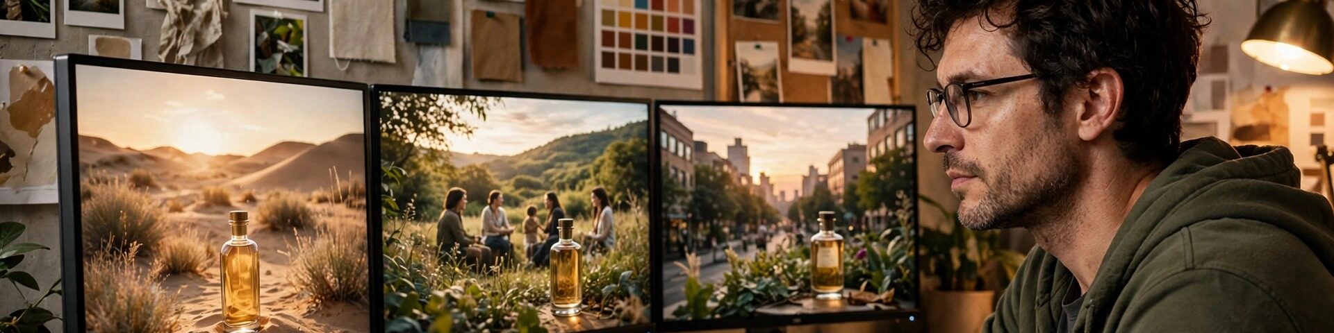 Designer prüft große KI-generierte Werbevisuals auf Monitoren in einem Kreativstudio mit warmem Licht.