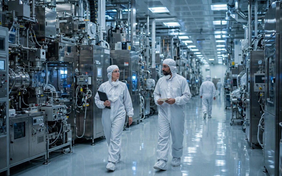 Ingenieure in weissen Reinraum-Anzügen gehen durch einen riesigen Halbleiter-Fertigungskorridor.