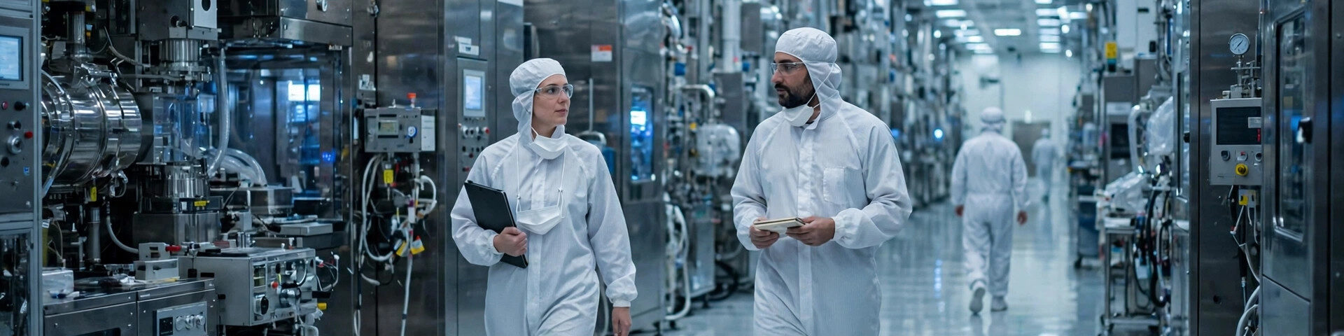 Ingenieure in weissen Reinraum-Anzügen gehen durch einen riesigen Halbleiter-Fertigungskorridor.