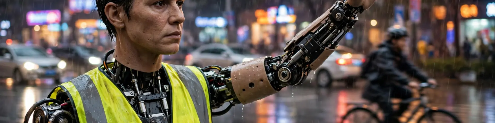 Humanoider Roboter regelt bei Regen den Verkehr an einer Kreuzung in Hangzhou