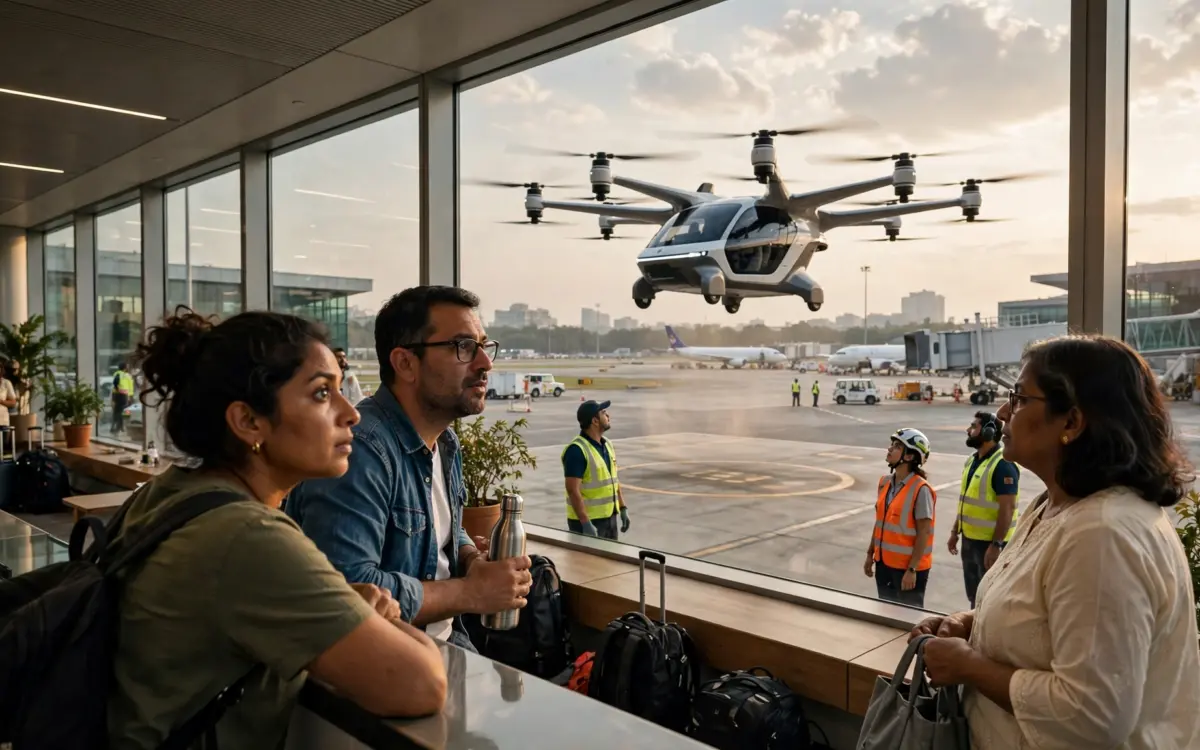 Kompaktes elektrisches Lufttaxi startet von einem modernen Vertiport-Terminal an einem belebten indischen Flughafen
