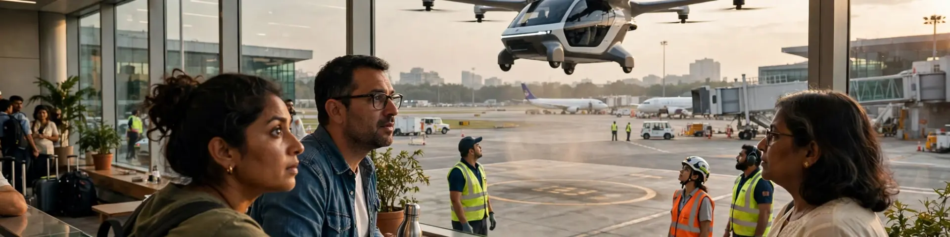 Kompaktes elektrisches Lufttaxi startet von einem modernen Vertiport-Terminal an einem belebten indischen Flughafen