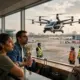 Kompaktes elektrisches Lufttaxi startet von einem modernen Vertiport-Terminal an einem belebten indischen Flughafen