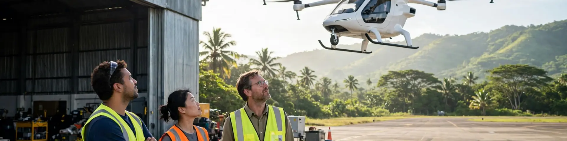 Weißes Flugtaxi-Prototyp schwebt über einem Testflugplatz in Brasilien