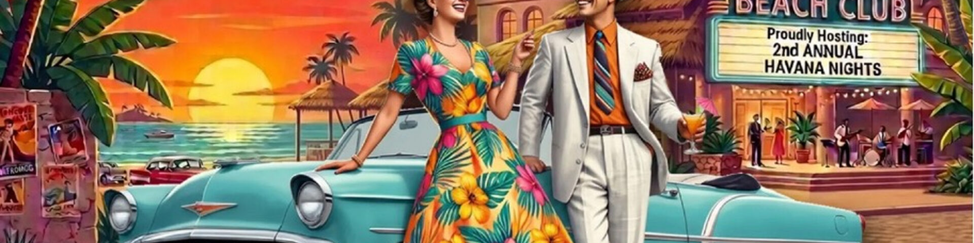 Havana Nights Motiv mit einem Paar in Kleidung der 1950er Jahre neben einem tuerkisfarbenen Oldtimer-Cabrio im Beach Club Palm Beach bei Sonnenuntergang