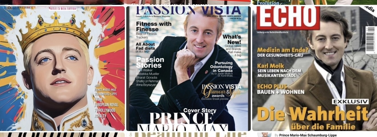 Eine Collage der Magazin-Cover von Prinz Mario-Max Schaumburg-Lippe, von ECHO im April 2007 bis zu Dan's Papers am 30. Oktober 2026.