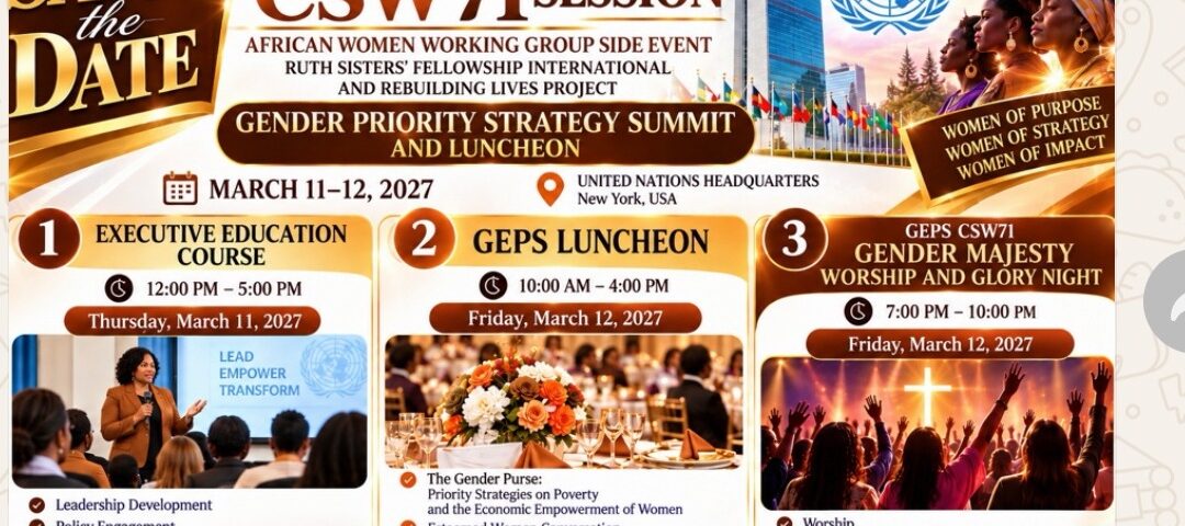 Offizieller Flyer des Gender Priority Strategy Summit and Luncheon am UNO-Hauptquartier in New York, März 2027, organisiert von Prof. Dr. Ada Okika.