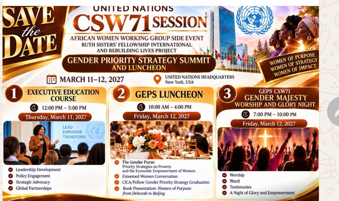 Offizieller Flyer des Gender Priority Strategy Summit and Luncheon am UNO-Hauptquartier in New York, März 2027, organisiert von Prof. Dr. Ada Okika.