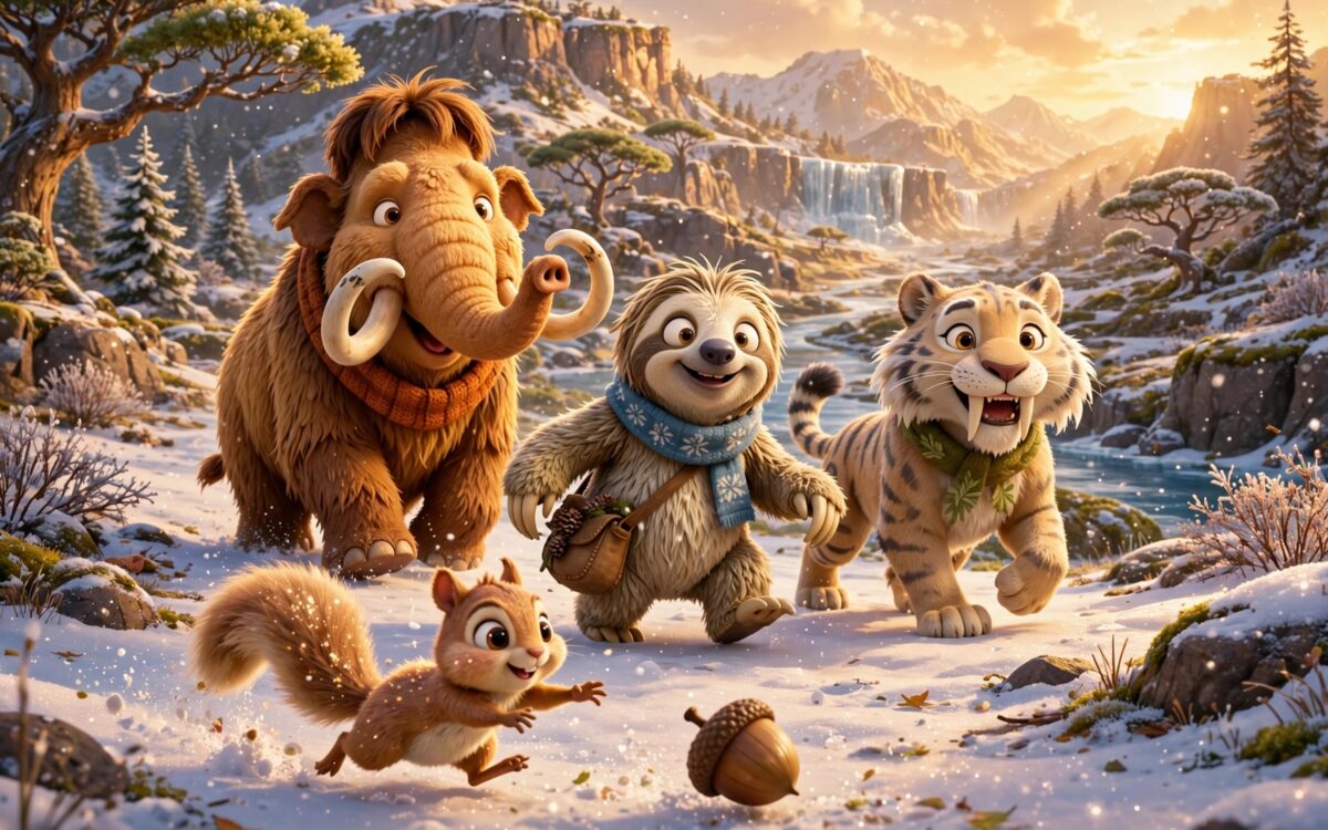 Die Mammut-Familie der Ice-Age-Herde steht auf einem Gletscher im Sonnenuntergang - Artwork zu Ice Age: Boiling Point.