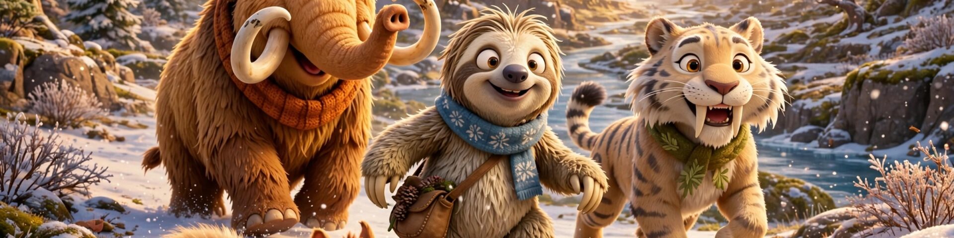 Die Mammut-Familie der Ice-Age-Herde steht auf einem Gletscher im Sonnenuntergang - Artwork zu Ice Age: Boiling Point.