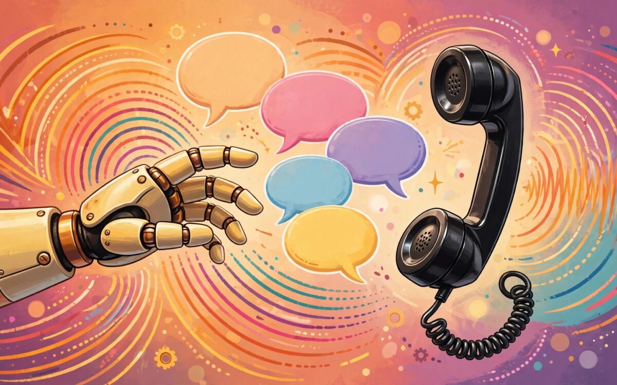 Eine Roboterhand greift nach einem alten Telefon - Sinnbild fuer DOCOMOs KI-Modell, das fast ohne Daten Vorhersagen trifft.