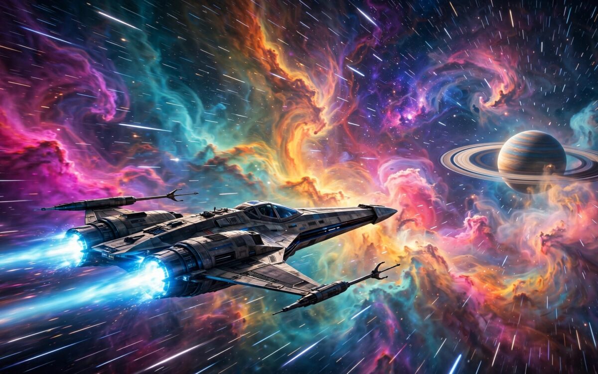 Blick aus einem Starfighter-Cockpit auf zwei Sonnen ueber einem Wuestenplaneten - Artwork zu Star Wars: Starfighter.