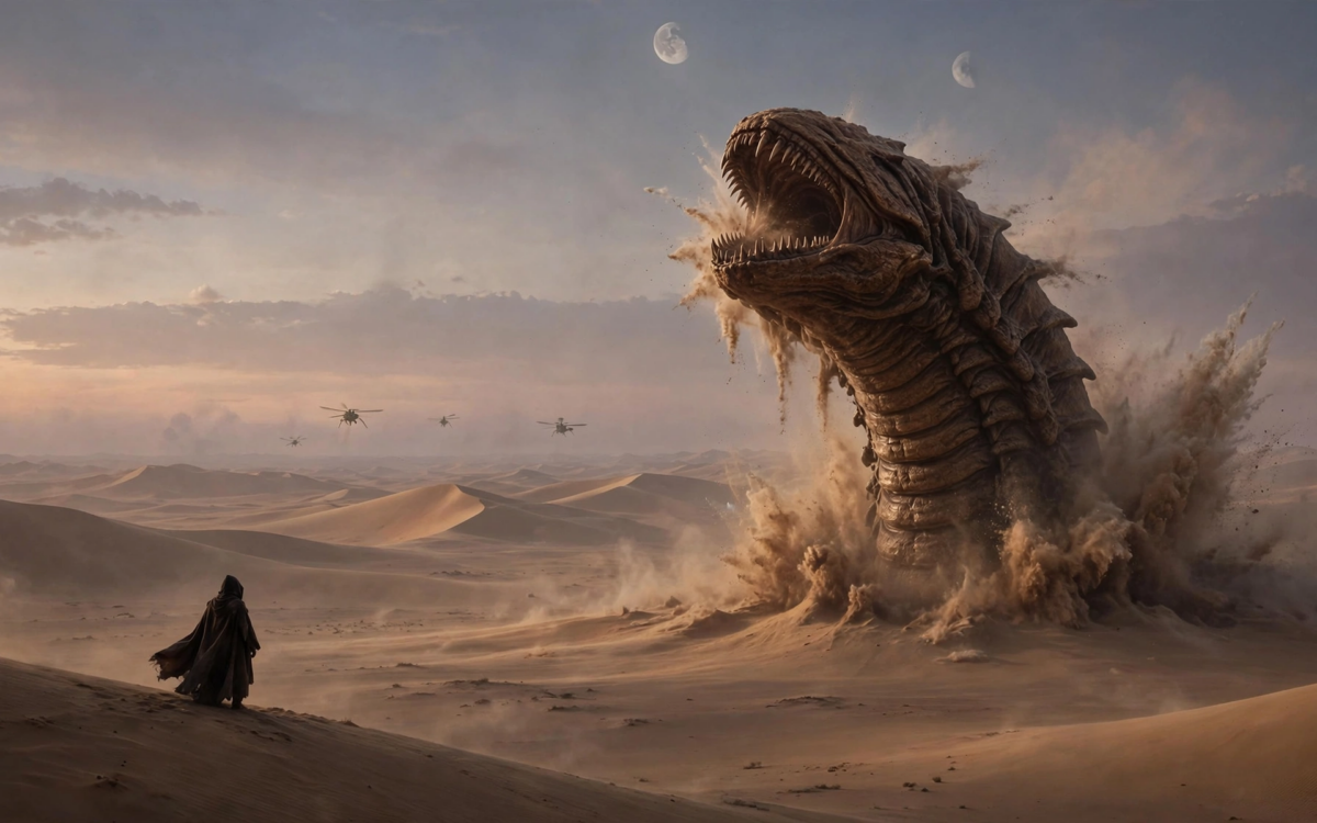 Ein einsamer Wanderer durchquert gewaltige Wuestenduenen auf einen kolossalen Sandwurm zu - Artwork zu Dune: Part Three.
