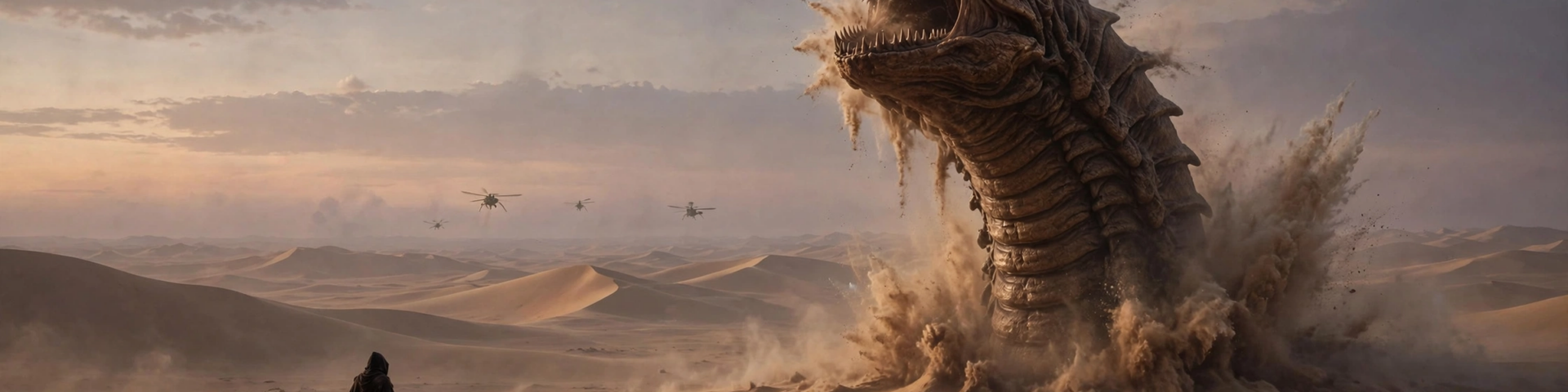 Ein einsamer Wanderer durchquert gewaltige Wuestenduenen auf einen kolossalen Sandwurm zu - Artwork zu Dune: Part Three.