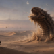 Ein einsamer Wanderer durchquert gewaltige Wuestenduenen auf einen kolossalen Sandwurm zu - Artwork zu Dune: Part Three.