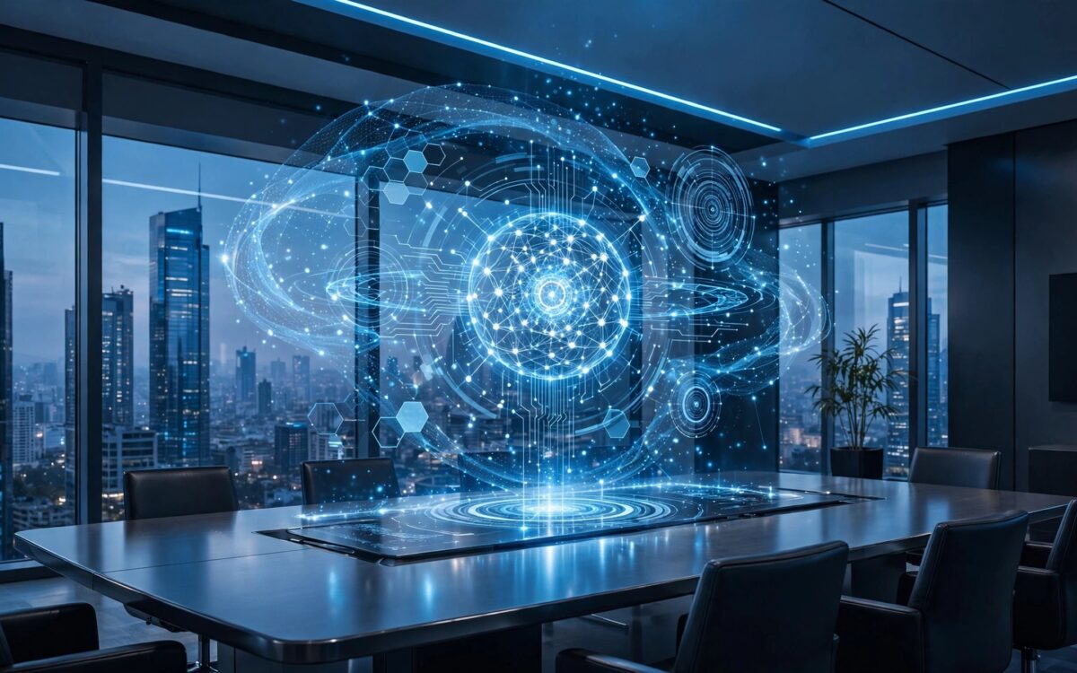 Eine holografische KI-Oberflaeche leuchtet ueber einem Konferenztisch - Sinnbild fuer Metas neue Enterprise-Plattform.
