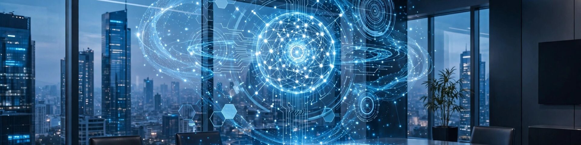 Eine holografische KI-Oberflaeche leuchtet ueber einem Konferenztisch - Sinnbild fuer Metas neue Enterprise-Plattform.