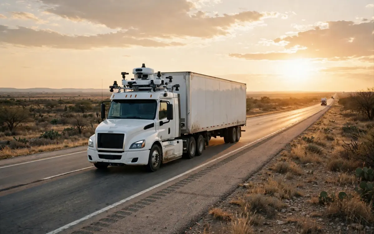 Weißer autonomer Sattelschlepper auf einer texanischen Autobahn bei Sonnenuntergang