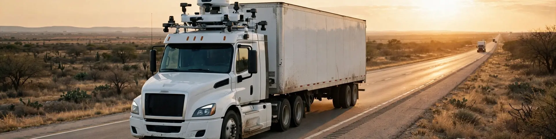 Weißer autonomer Sattelschlepper auf einer texanischen Autobahn bei Sonnenuntergang