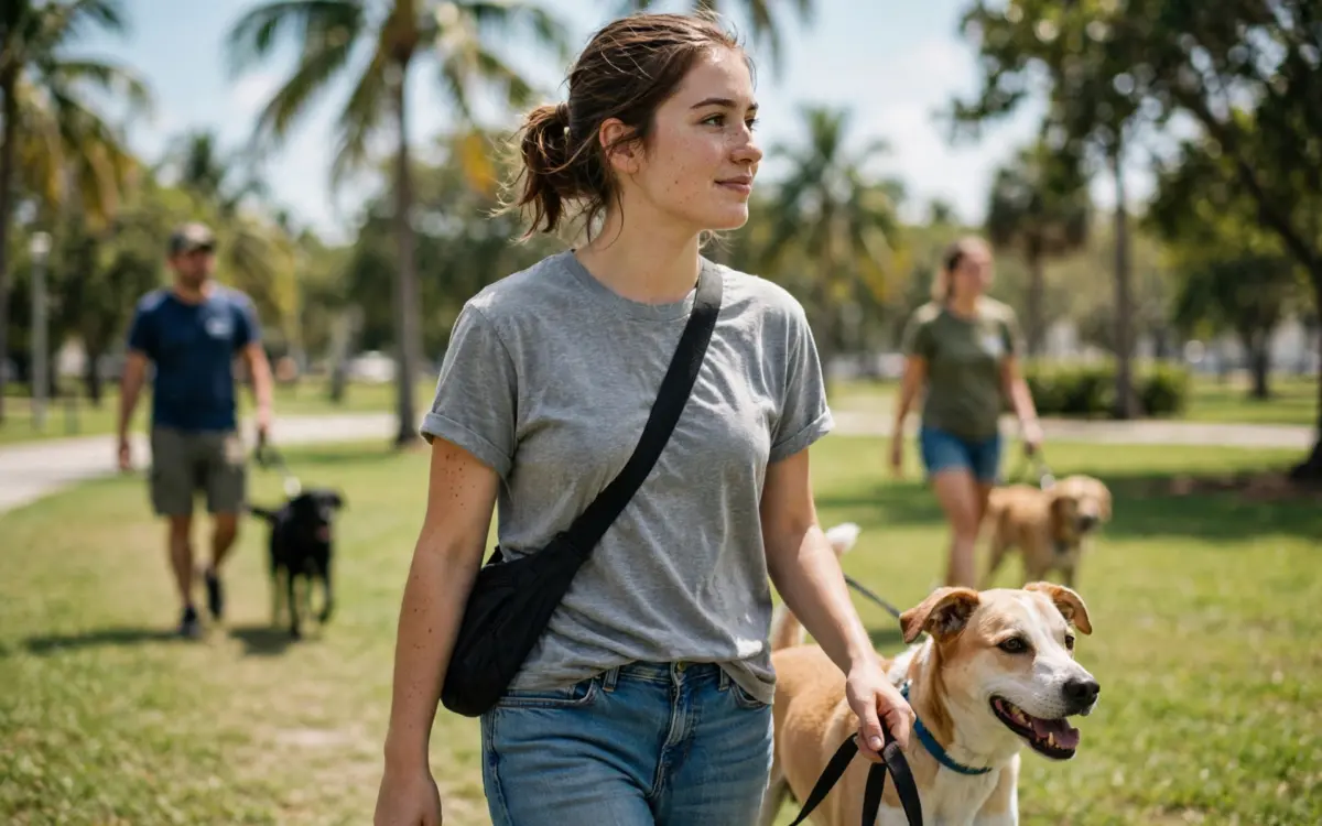 Freiwillige der Brady Hunter Foundation mit lächelndem Tierheim-Hund an der Leine im sonnigen Miami Park mit Palmen