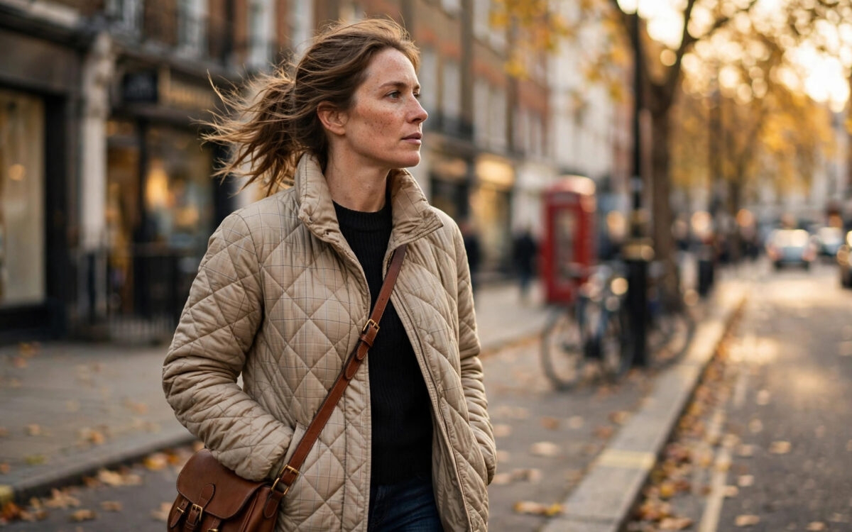 Editorial Modefotografie im Vogue Stil: Modella mit gemütlicher Pufferjacke und Karodetails, natürliches Licht, authentische Bildsprache
