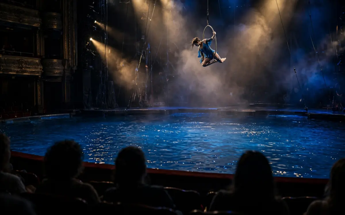 Luftakrobatin über einem riesigen Wasserbecken während einer Cirque-du-Soleil-artigen Aquatik-Show vor Theaterpublikum