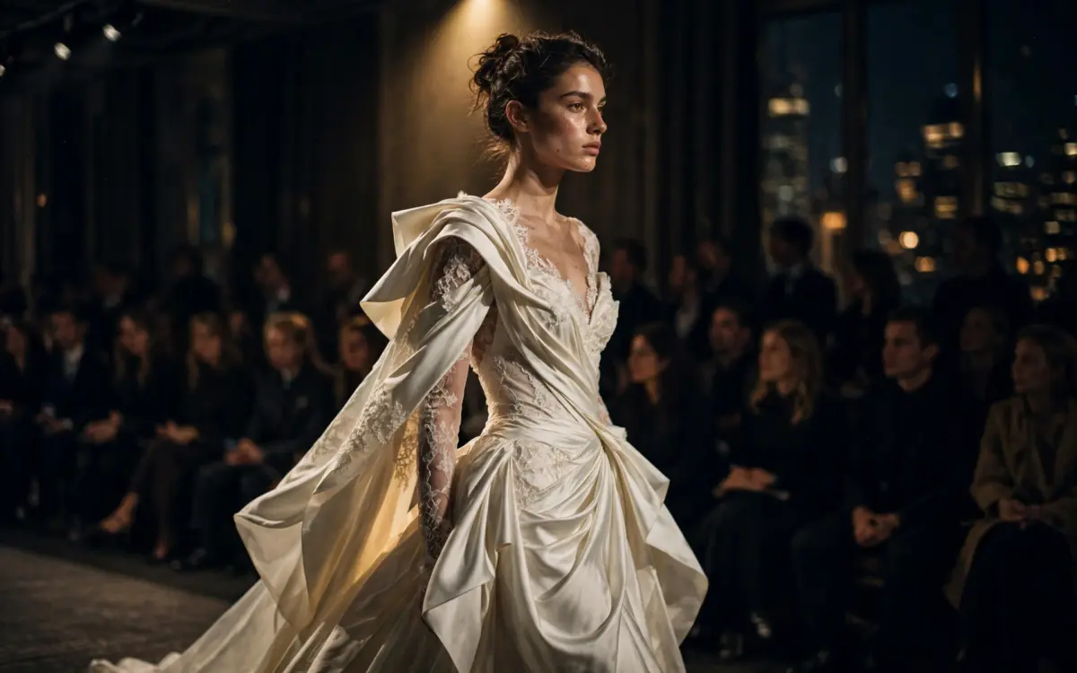 Braut in Couture-Kleid auf dem Laufsteg der New Yorker Bridal Fashion Week