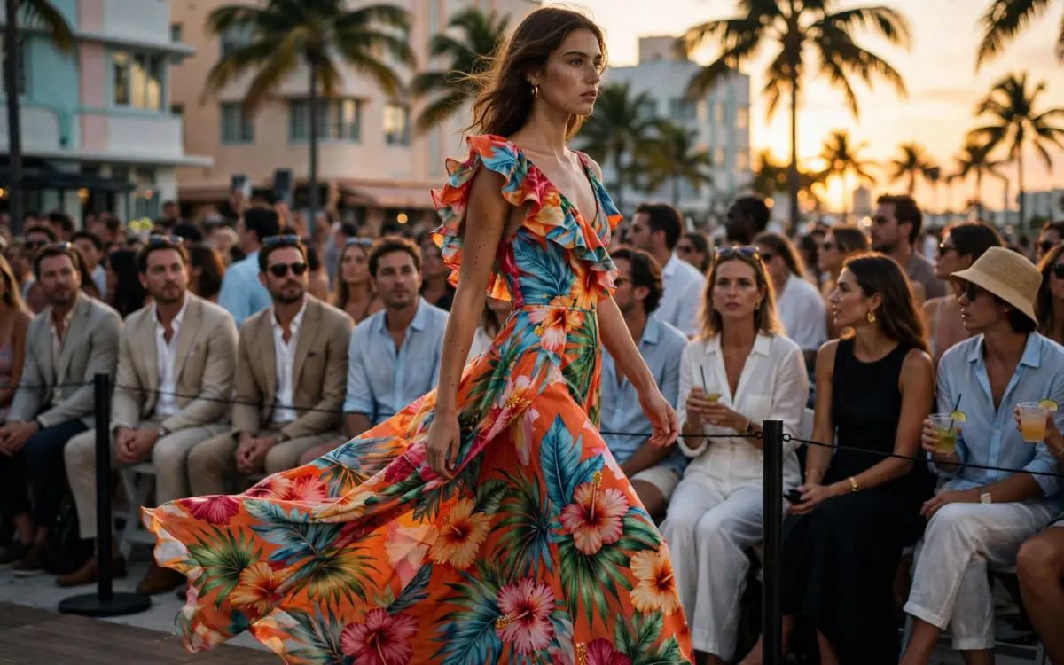 Model auf dem Laufsteg der Miami Fashion Week in der Sonne