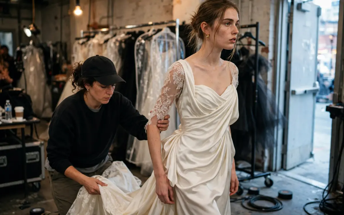 Backstage bei der New York Luxury Bridal Fashion Week — Model im Couture-Brautkleid