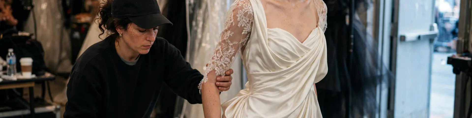 Backstage bei der New York Luxury Bridal Fashion Week — Model im Couture-Brautkleid