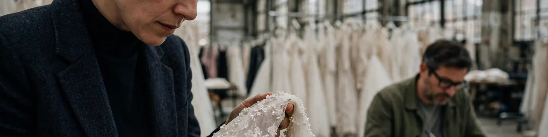 Einkäuferin begutachtet Braut-Couture auf dem Mélange-de-Blanc-Markt in Chelsea