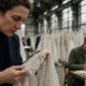 Einkäuferin begutachtet Braut-Couture auf dem Mélange-de-Blanc-Markt in Chelsea