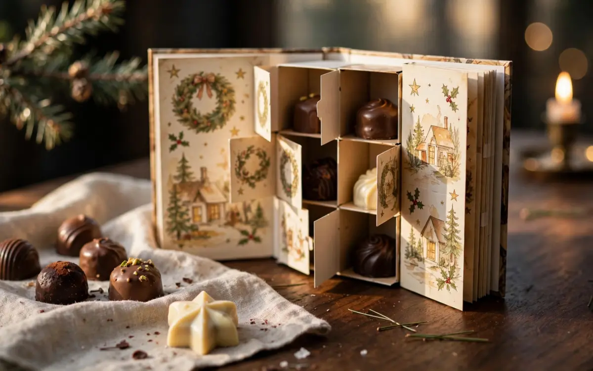 Der Neuhaus Adventskalender 2026 als illustriertes Märchenbuch mit geöffneten Türchen, belgischen Pralinen und einem weißen Schokoladenstern im Kerzenlicht.